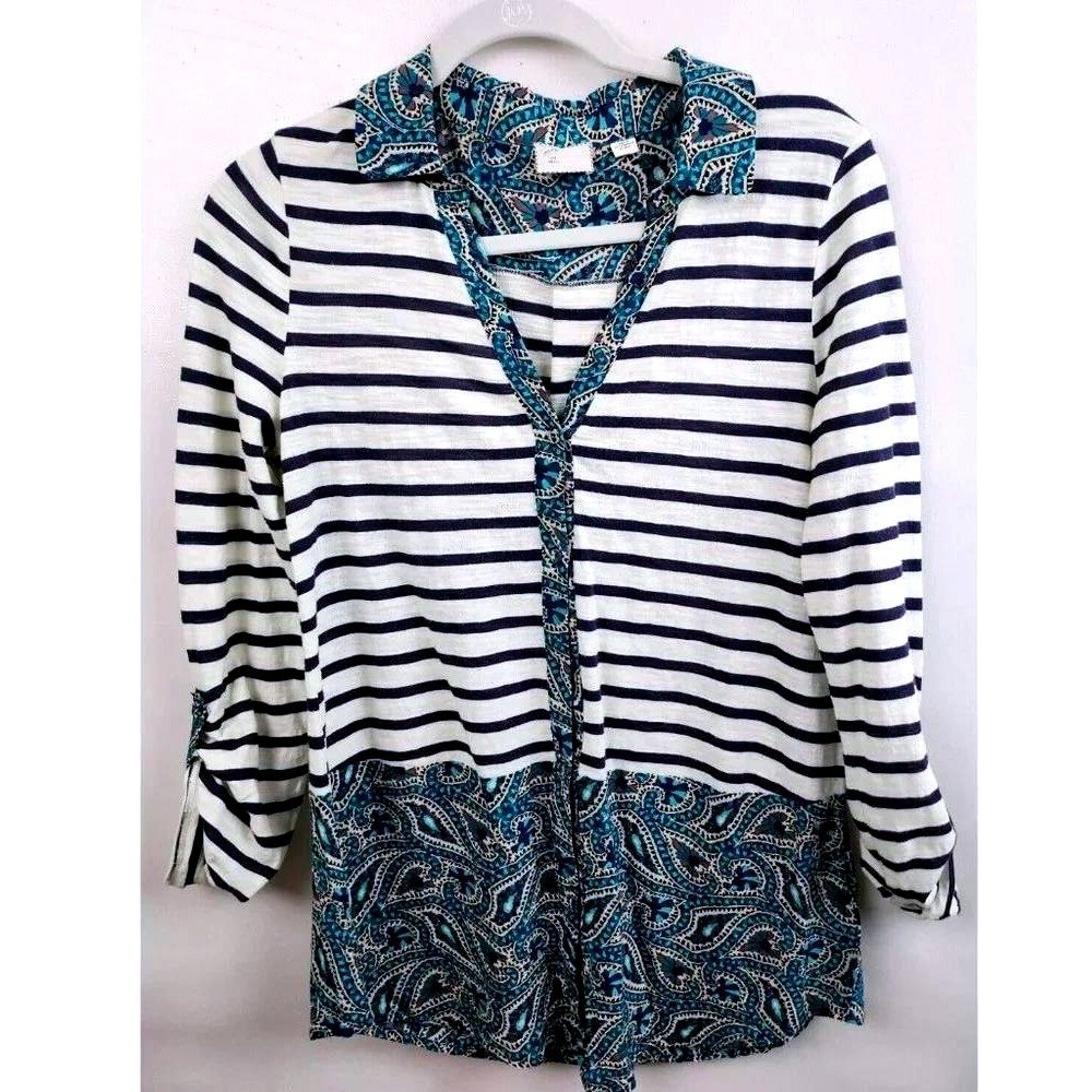 Postmark Anthropologie Top Womens Small Blue White Boho Striped Paisley Casual